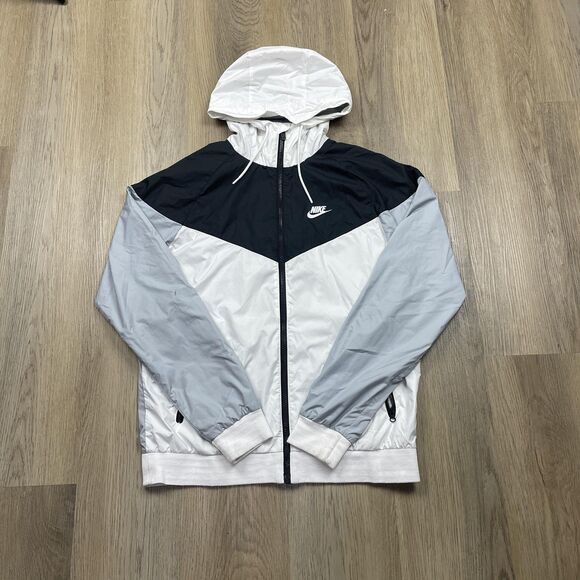 Nike Jacket Mens Medium Black White Gray Hooded Windbreaker Full Zip Colorblock - Picture 1 of 15